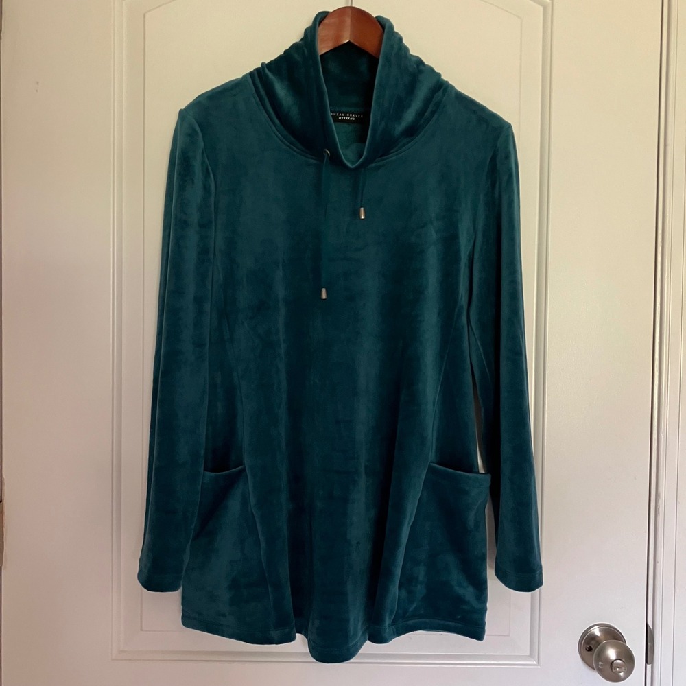 Susan Graver Weekend Teal Velour Cowl Neck Tunic Pockets A460663 Medium